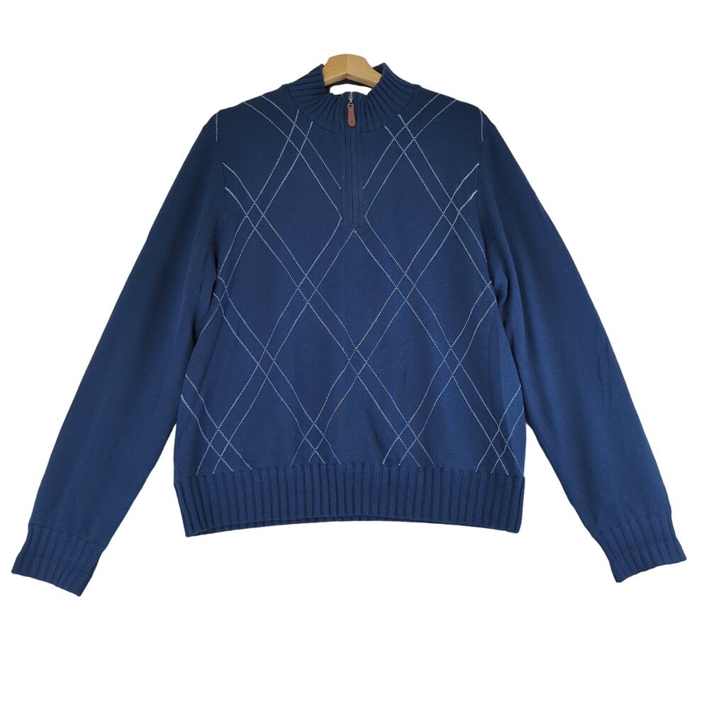 Martin Golf Mens Navy Blue 100% Italian Merino Wool Argyle Quarter Zip Sweater M